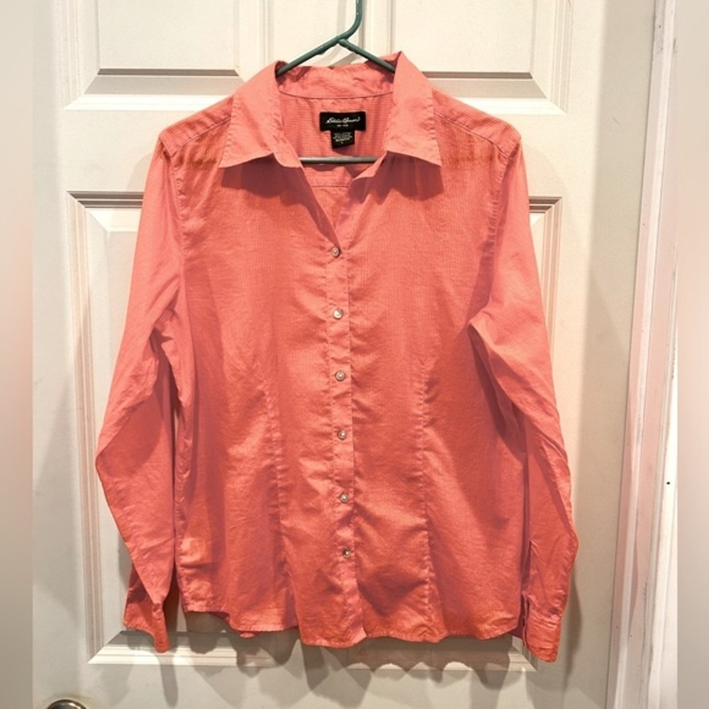 Eddie Bauer Womens‎ Orange Striped Button Up Shirt L Cotton Long Sleeve Beach